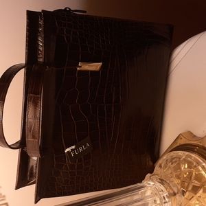 Furla Brown Alligstor Leather Bag 12 inches wide by 11 inches tall.